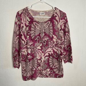 Talbots Floral 100% Cashmere Button Front Cardigan Women Size M Peony Pink/Cream